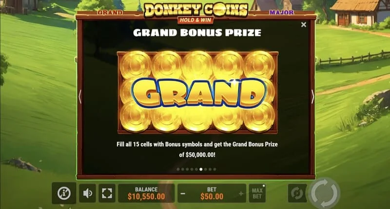 Donkey Coins Hold & Win - екран с джакпоти Mini, Minor, Major, Grand