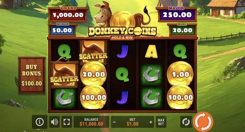 Donkey Coins Hold & Win - главен екран с барабани